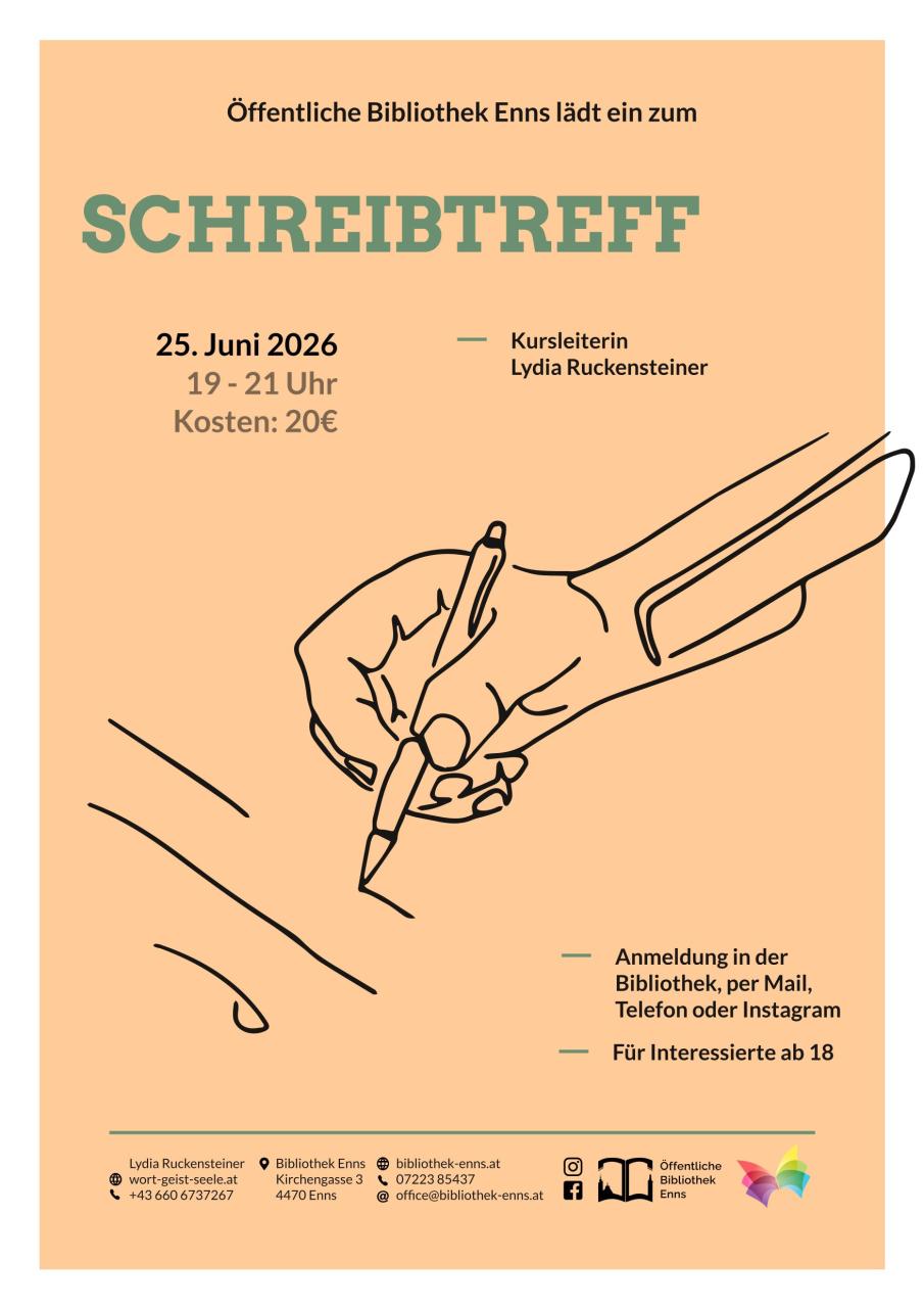 Plakat Schreibtreff mit Lydia Ruckensteiner im Juni in der Bibliothek Enns
