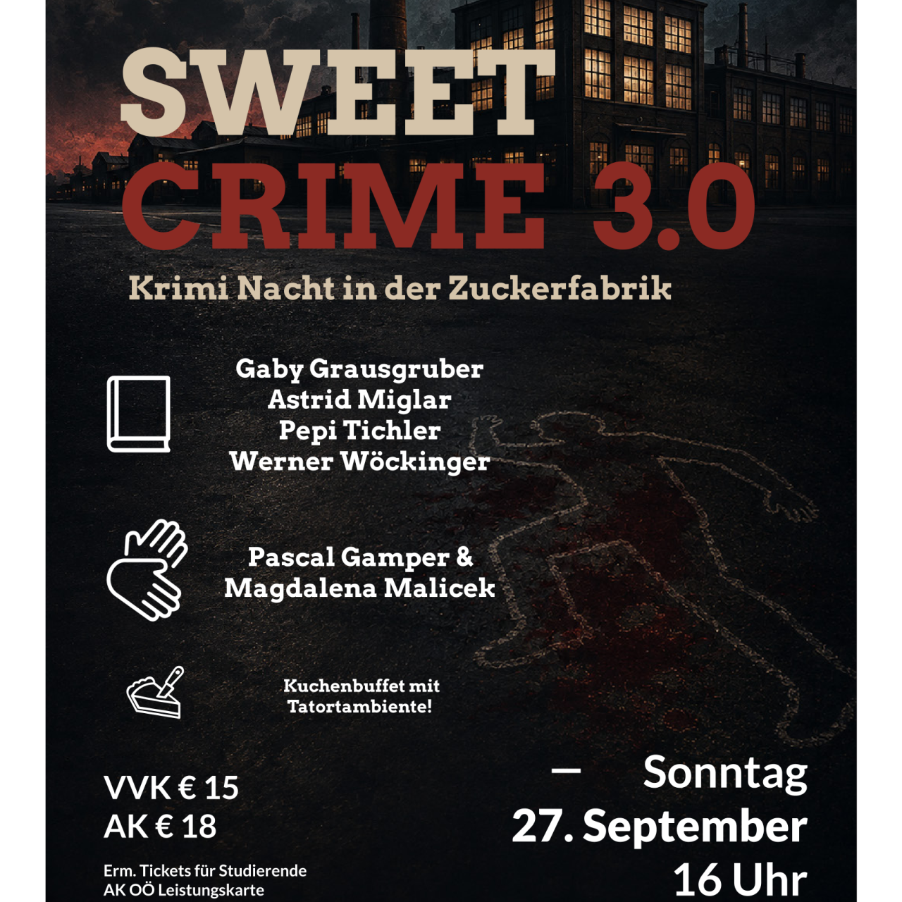 Plakat Lesung in Zuckerfabrik mit Gebärdendolmetscher